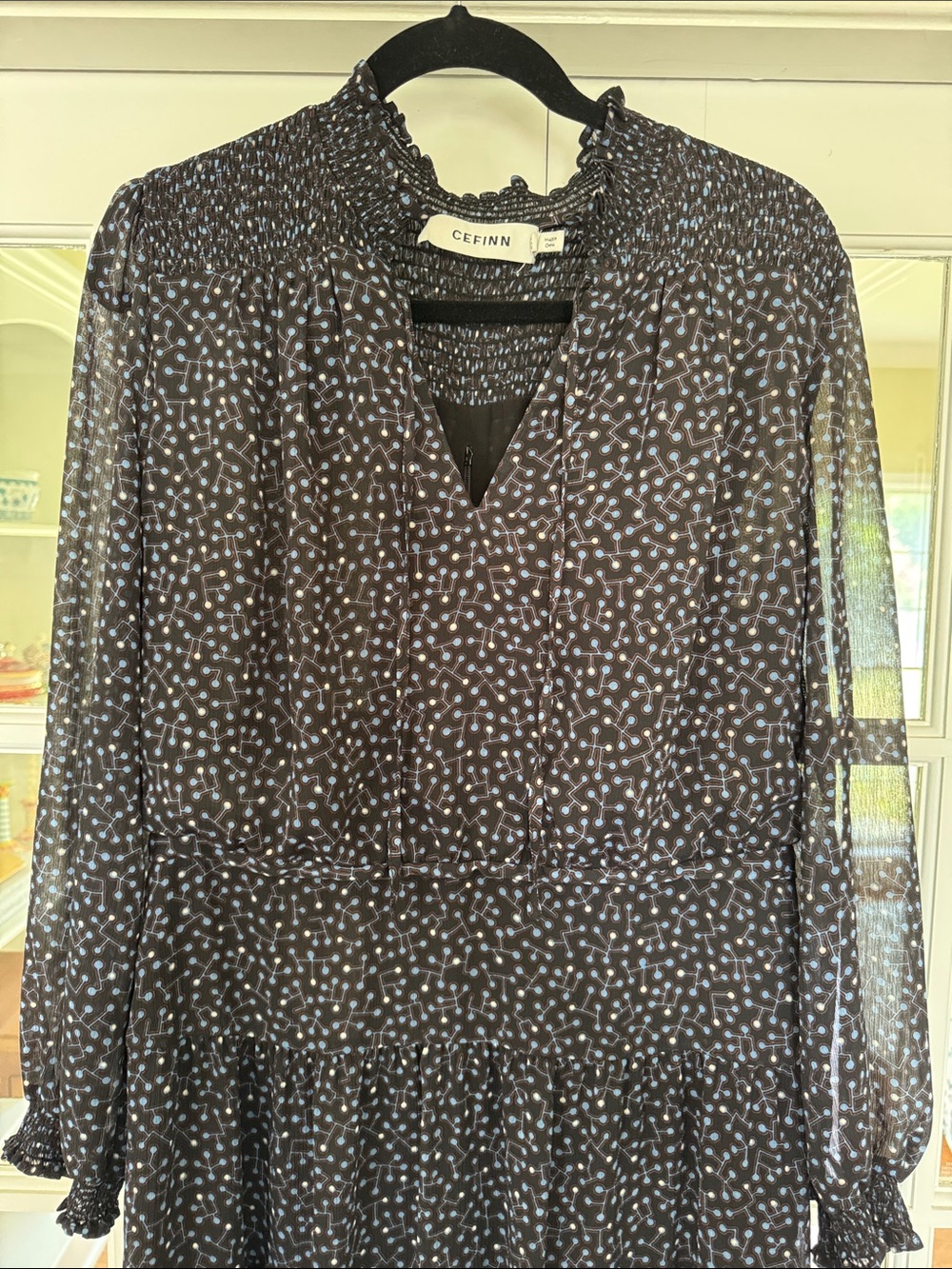 Smocked Neck Black Pattern Midi Dress - Cefinn - Picture 2 of 5